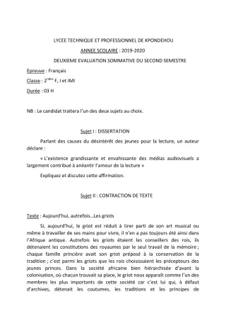 Première page de Français 2nde BTP, 2nde EL, 2nde F1, 2nde F2, 2nde F3, 2nde F4, 2nde FC, 2nde FM, 2nde IMI, 2nde MA, 2nde OG — 2e évaluation sommative, 2e semestre (2019-2020) · LT Professionnel de Kpondéhou
