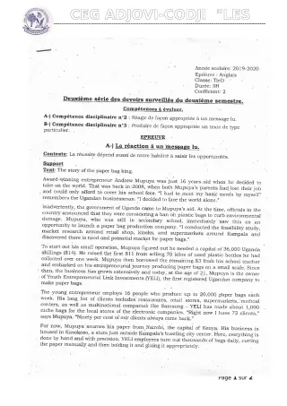 Première page de Anglais Tle D — 2e devoir surveillé, 2e semestre (2019-2020) · CEG ADJOVICODJI 'LES OLIVIERS'