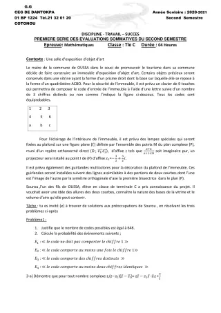 Première page de Mathématiques Tle C — 1re évaluation sommative, 2e semestre (2020-2021) · CEG Dantokpa