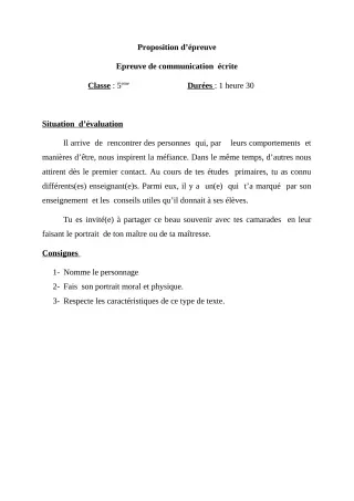 Première page de Devoir surveillé de FRANCAIS — 5e — CEG SEGBEYA (2019)