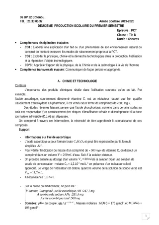 Première page de PCT Tle D — 2e production scolaire, 1er semestre (2019-2020) · CEG SEGBEYA