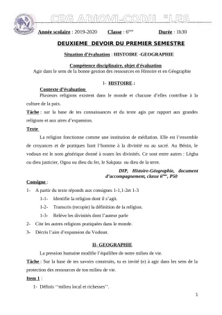 Première page de Histoire-Géographie 6e — 2e devoir surveillé, 1er semestre (2019-2020) · CEG ADJOVICODJI 'LES OLIVIERS'