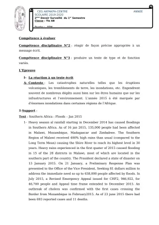 Première page de Anglais Tle A1, Tle A2, Tle B — 2e devoir surveillé, 1er semestre (2019-2020) · CEG 1 Akpakpa-Centre