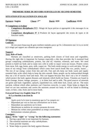 Première page de Anglais 3e, 3e ML — 1er devoir surveillé, 2e semestre (2018-2019) · CEG 2 KANDI