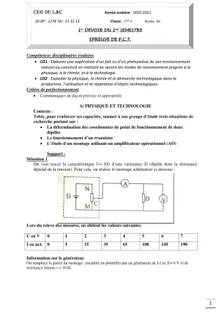 Première page de PCT 2nde C — 1er devoir surveillé, 2e semestre (2020-2021) · CEG du Lac