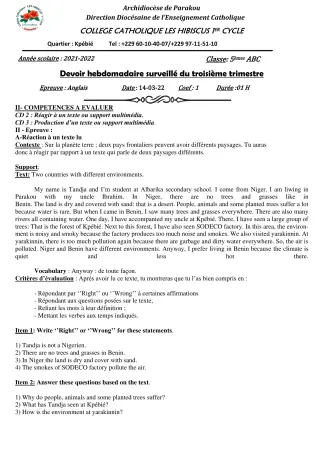 Première page de Anglais 5e — Devoir surveillé, 3e trimestre (2021-2022) · Hibiscus 1er cycle