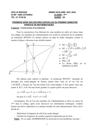 Première page de Mathématiques 3e, 3e ML — 1er devoir surveillé, 1er semestre (2021-2022) · CEG LE NOKOUE