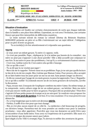 Première page de Français 3e — 2e évaluation sommative, 2e semestre (2021-2022) · CEG SEKERE