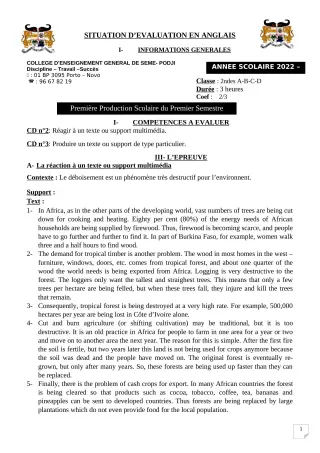 Première page de Anglais 6e, 5e, 4e, 4e ML, 3e, 2nde A2, 2nde B, 2nde C, 2nde D, 1ère A2, 1ère B, 1ère C, 1ère D, Tle A1, Tle B, Tle C, Tle D — 1re production scolaire, 1er semestre (2022-2023) · CEG SEME-PODJI