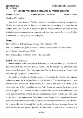 Première page de Français Tle A2, Tle D — Production scolaire, 1er semestre (2020-2021) · CEG ONIGBOLO