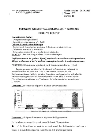 Première page de SVT 3e, 3e ML — 2e production scolaire, 1er semestre (2019-2020) · CEG GBEGAMEY