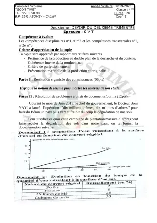Première page de SVT 2nde A2, 2nde B — 2e devoir surveillé, 2e trimestre (2019-2020) · CPEG GOD'S TIME
