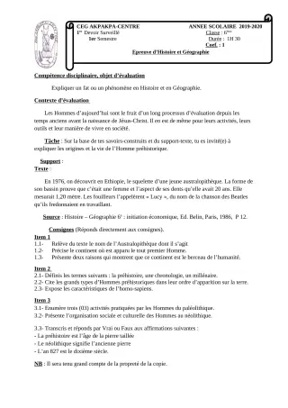 Première page de Histoire-Géographie 6e — 1er devoir surveillé, 1er semestre (2019-2020) · CEG 1 Akpakpa-Centre