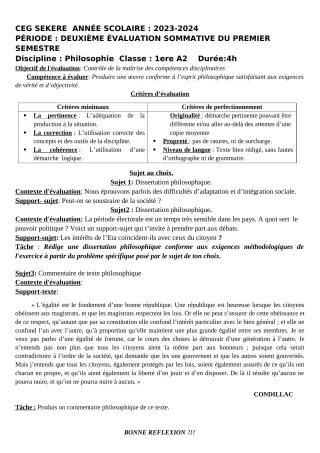 Première page de Philosophie 1ère A2 — 2e évaluation sommative, 1er semestre (2023-2024) · CEG SEKERE