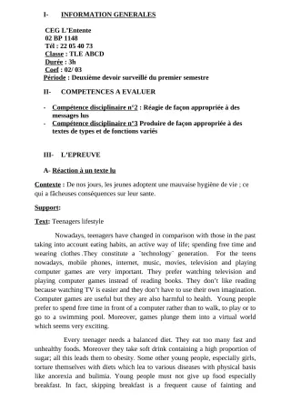 Première page de Anglais Tle A2, Tle B, Tle C, Tle D — 2e devoir surveillé, 1er semestre (2018-2019) · CEG L'Entente