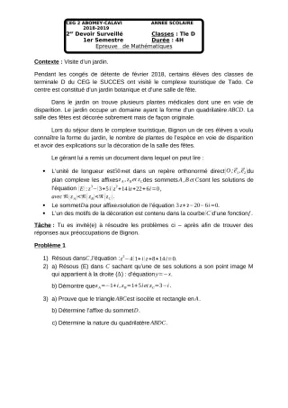 Première page de Mathématiques Tle D — Devoir surveillé, 1er semestre (2018-2019) · CEG2 ABOMEY - CALAVI (CEG ZOCA)