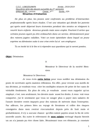 Première page de Français 4e, 4e ML — 2e devoir surveillé, 2e semestre (2018-2019) · CEG Lobozounkpa