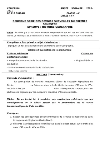 Première page de Histoire-Géographie 4e — 2e devoir surveillé, 1er semestre (2020-2021) · CEG PAHOU