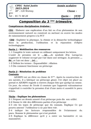 Première page de PCT 6e, 5e — Composition, 3e trimestre (2023-2024) · CPEG SAINT Justin
