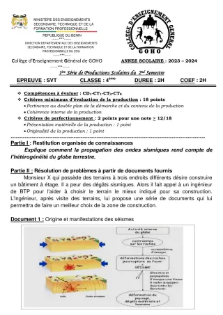Première page de SVT 4e — 1re production scolaire, 2e semestre (2023-2024) · CEG GOHO