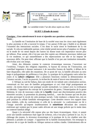 Première page de Allemand Tle B — 1er devoir surveillé, 2e semestre (2020-2021) · CEG 1 Agatogbo