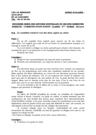Première page de Français 3e, 3e ML — 2e devoir surveillé, 2e semestre (2018-2019) · CEG Le Méridien
