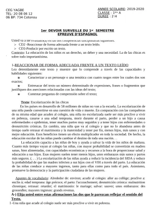 Première page de Espagnol 1ère A2 — 1er devoir surveillé, 1er semestre (2019-2020) · CEG Yagbe