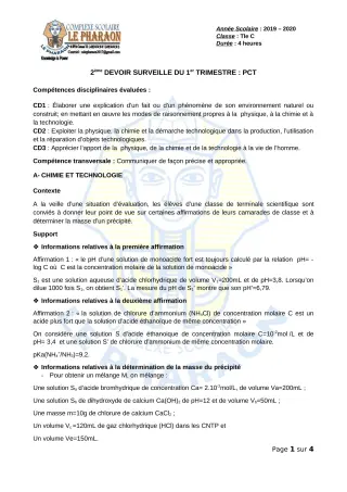 Première page de PCT Tle C — 2e devoir surveillé, 1er trimestre (2019-2020) · CPEG LE PHARAON
