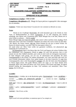 Première page de Allemand Tle A1, Tle A2 — 2e évaluation sommative, 1er semestre (2019-2020) · CEG Zinvié