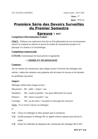 Première page de PCT 5e — 1er devoir surveillé, 1er semestre (2019-2020) · CEG Agassa Godomey