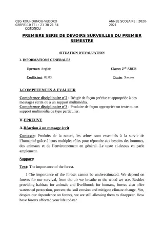 Première page de Anglais 2nde A1, 2nde A2, 2nde B, 2nde C, 2nde D — 1er devoir surveillé, 1er semestre (2020-2021) · CEG Kouhounou-Vêdoko