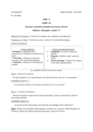 Première page de Philosophie Tle A2 — 2e évaluation sommative, 1er semestre (2019-2020) · CEG ONIGBOLO