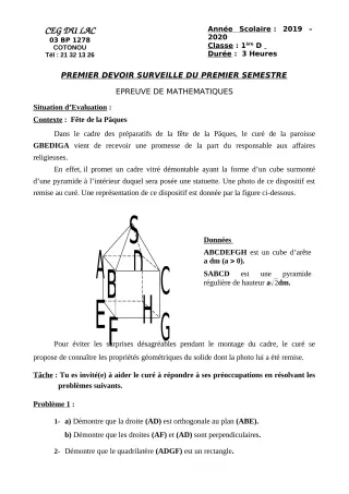 Première page de Mathématiques 1ère D — 1er devoir surveillé, 1er semestre (2019-2020) · CEG du Lac