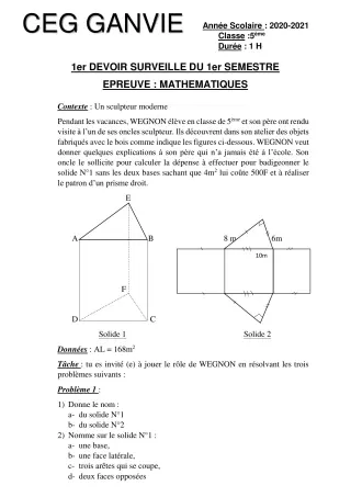 Première page de Mathématiques 5e — 1er devoir surveillé, 1er semestre (2020-2021) · CEG Ganvié
