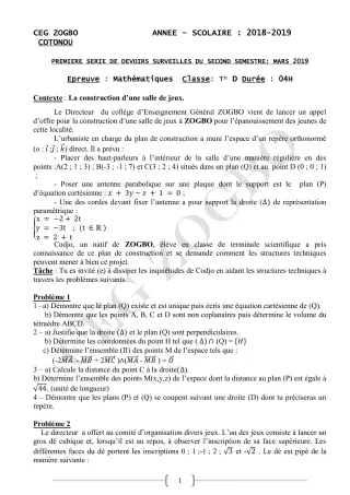 Première page de Mathématiques Tle D — 1er devoir surveillé, 2e semestre (2018-2019) · CEG ZOGBO