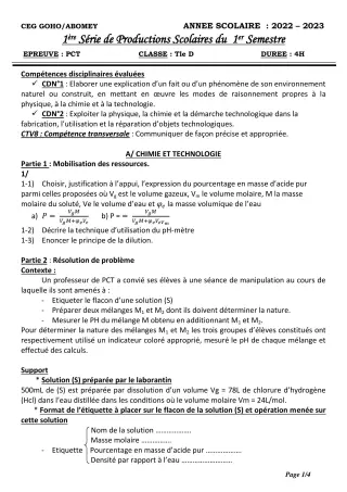Première page de PCT Tle D — 1re production scolaire, 1er semestre (2022-2023) · CEG GOHO