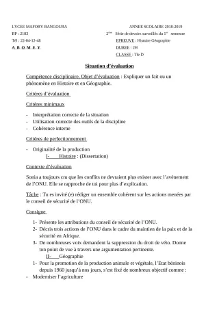 Première page de Histoire-Géographie Tle D — 2e devoir surveillé, 1er semestre (2018-2019) · Lycée Houegbadja d'Abomey (Ex Mafory Bangoura)