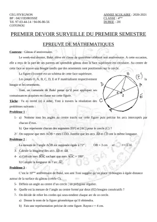 Première page de Mathématiques 4e — 1er devoir surveillé, 1er semestre (2020-2021) · CEG FIYEGNON