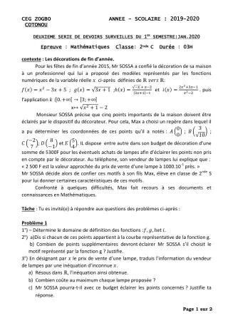 Première page de Mathématiques 2nde C — 2e devoir surveillé, 1er semestre (2019-2020) · CEG ZOGBO