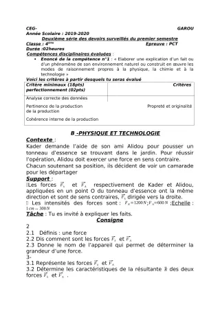 Première page de PCT 4e — 2e devoir surveillé, 1er semestre (2019-2020) · CEG GAROU