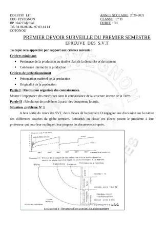 Première page de SVT 1ère D — 1er devoir surveillé, 1er semestre (2020-2021) · CEG FIYEGNON