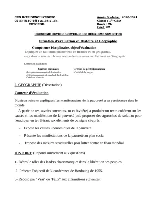 Première page de Histoire-Géographie 1ère C, 1ère D — 2e devoir surveillé, 2e semestre (2020-2021) · CEG Kouhounou-Vêdoko