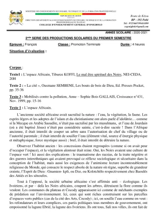 Première page de Français Tle A2, Tle D — 2e production scolaire, 1er semestre (2020-2021) · CEG ONIGBOLO