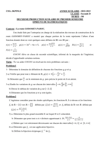 Première page de Mathématiques 2nde D — 2e production scolaire, 1er semestre (2022-2023) · CEG1 Ikpinlè