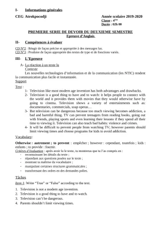 Première page de Anglais 4e — 1er devoir surveillé, 2e semestre (2019-2020) · CEG ATROKPOCODJI