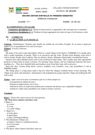 Première page de Anglais 5e — 2e devoir surveillé, 1er semestre (2021-2022) · CEG SEKERE