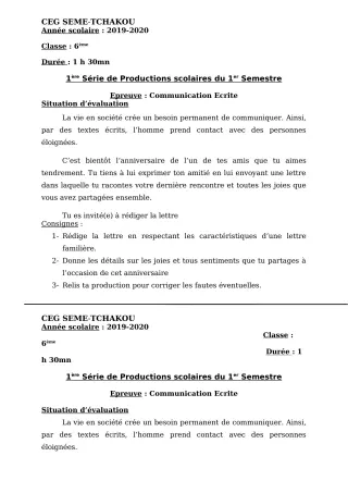Première page de Français 6e, 5e, 4e, 3e — 1re production scolaire, 1er semestre (2018-2019) · CEG Sème tchakou