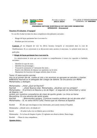 Première page de Espagnol 4e — 1er devoir surveillé, 2e semestre (2023-2024) · CEG SEKERE