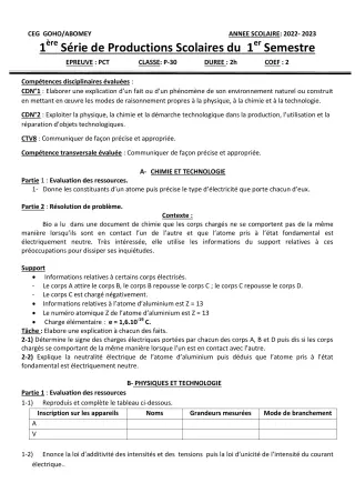 Première page de PCT 4e — 3e production scolaire, 1er semestre (2022-2023) · CEG GOHO