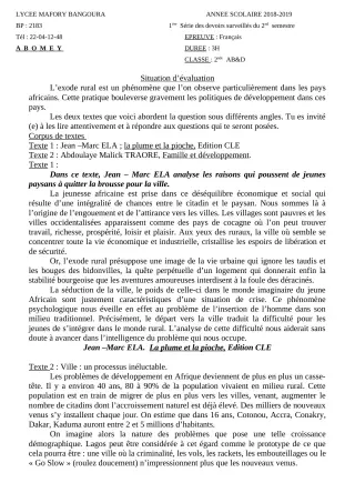 Première page de Français 2nde A & B, 1ère A & B, 1ère D — 1er devoir surveillé, 2e semestre (2018-2019) · Lycée Houegbadja d'Abomey (Ex Mafory Bangoura)